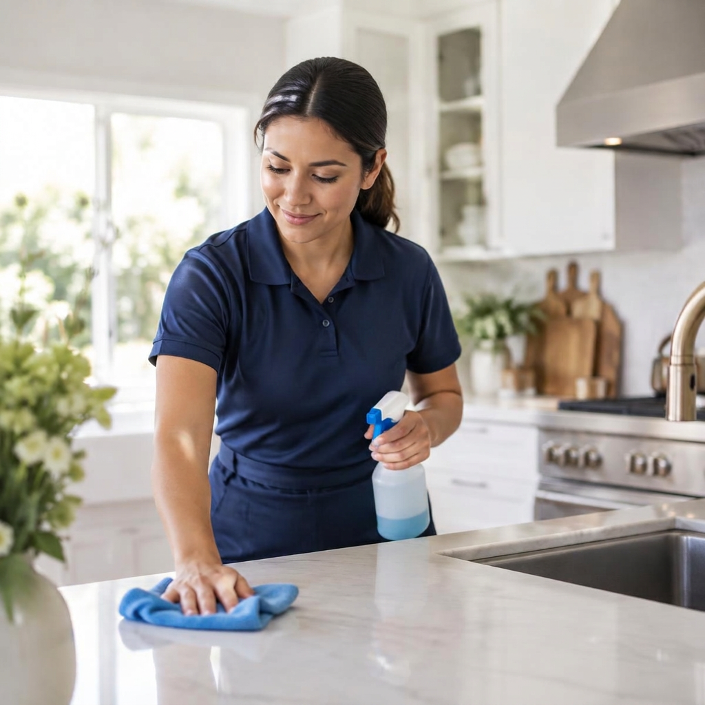 Expert Prestige Cleaners team member cleaning a kitchen